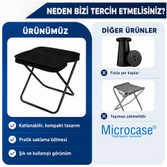 Microcase Çok Amaçlı Kompakt Katlanır Çift Saklama Bölmeli Kamp Taburesi Siyah 1 Adet AL5628