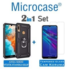 Microcase Huawei Y6 2019 - Honor 8A Anka Serisi Yüzük Standlı Armor Kılıf Siyah + Tempered Glass Cam Koruma (SEÇENEKLİ)