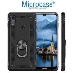 Microcase Huawei Y6 2019 - Honor 8A Anka Serisi Yüzük Standlı Armor Kılıf Siyah + Tempered Glass Cam Koruma (SEÇENEKLİ)