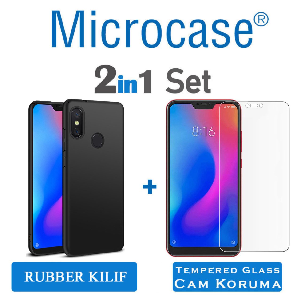 Microcase Xiaomi Mi A2 Lite Sert Köşeli Rubber Kılıf + Cam Koruma