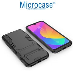 Microcase Xiaomi Mi 9 Lite Alfa Serisi Armor Standlı Perfect Koruma Kılıf - Siyah + Tempered Glass Cam Koruma