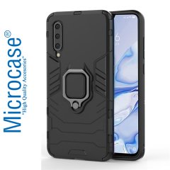 Microcase Xiaomi Mi 9 Pro Batman Serisi Yüzük Standlı Armor Kılıf - Siyah + Tempered Glass Cam Koruma