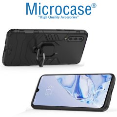 Microcase Xiaomi Mi 9 Pro Batman Serisi Yüzük Standlı Armor Kılıf - Siyah + Tempered Glass Cam Koruma