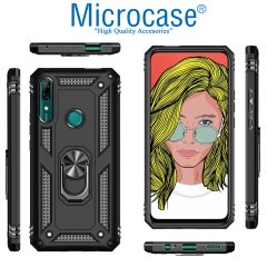 Microcase Huawei P Smart Z Anka Serisi Yüzük Standlı Armor Kılıf Siyah + Tempered Glass Cam Koruma (SEÇENEKLİ) Tempered Glass İstemiyorum