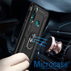 Microcase Huawei Y9 Prime 2019 Anka Serisi Yüzük Standlı Armor Kılıf Siyah + Tempered Glass Cam Koruma (SEÇENEKLİ) Tempered Glass İstemiyorum