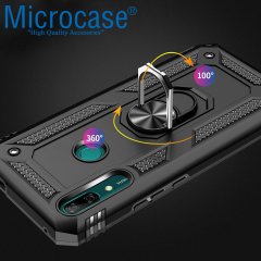 Microcase Huawei Y9 Prime 2019 Anka Serisi Yüzük Standlı Armor Kılıf Siyah + Tempered Glass Cam Koruma (SEÇENEKLİ) Tempered Glass İstemiyorum