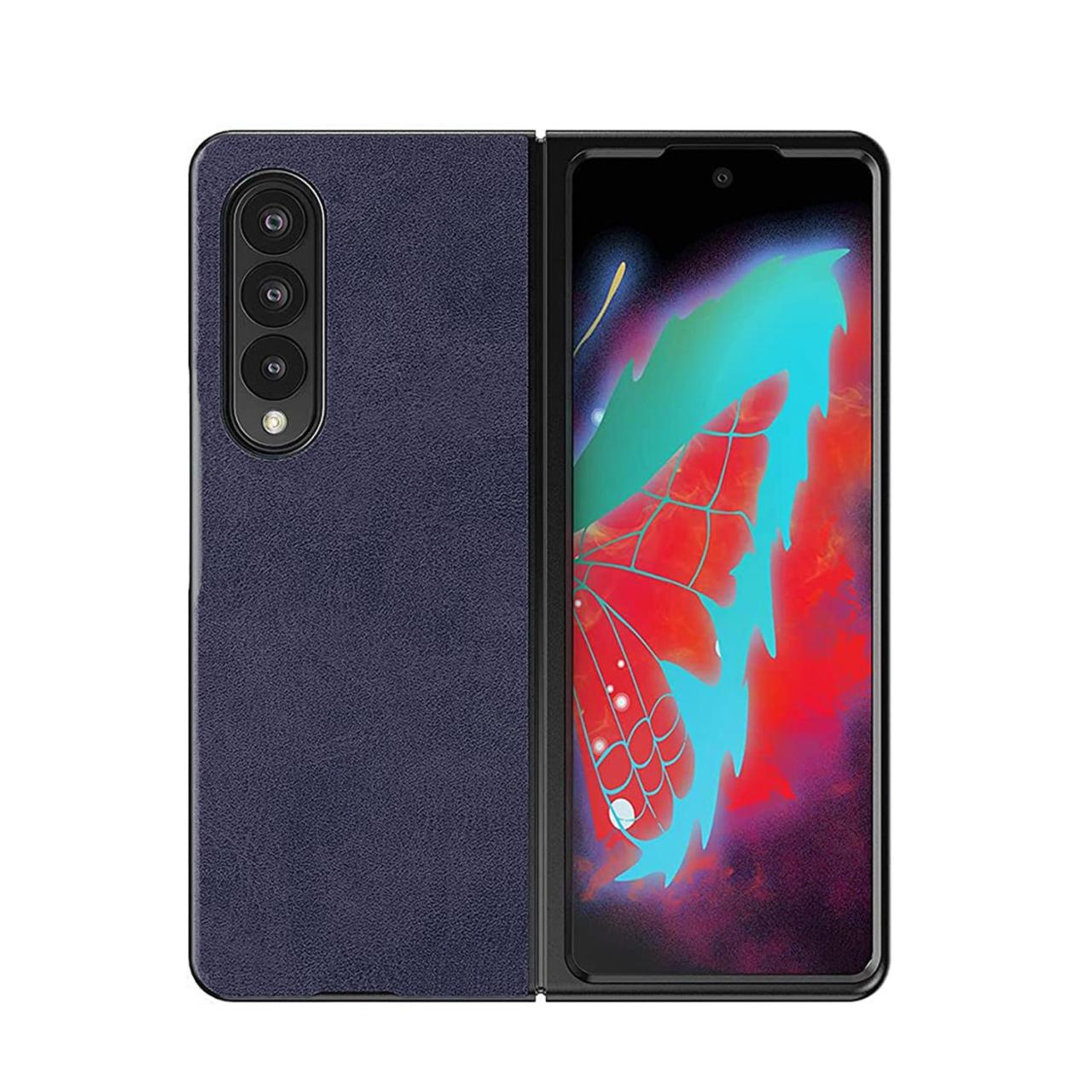 Microcase Samsung Galaxy Z Fold 3 için Deri Desenli Plastik Koruma Kılıf - Lacivert