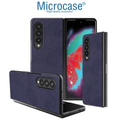 Microcase Samsung Galaxy Z Fold 3 için Deri Desenli Plastik Koruma Kılıf - Lacivert