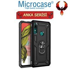 Microcase Huawei P30 Lite Anka Serisi Yüzük Standlı Armor Kılıf Siyah + Tempered Glass Cam Koruma (SEÇENEKLİ) Tempered Glass İstemiyorum