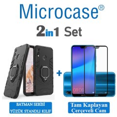 Microcase Huawei P20 Lite Batman Serisi Yüzük Standlı Armor Kılıf - Siyah + Tam Kaplayan Çerçeveli Cam