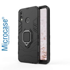 Microcase Huawei P20 Lite Batman Serisi Yüzük Standlı Armor Kılıf - Siyah + Tam Kaplayan Çerçeveli Cam