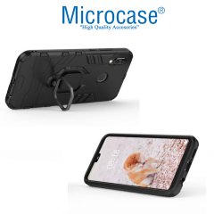 Microcase Huawei P20 Lite Batman Serisi Yüzük Standlı Armor Kılıf - Siyah + Tam Kaplayan Çerçeveli Cam