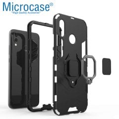 Microcase Huawei P20 Lite Batman Serisi Yüzük Standlı Armor Kılıf - Siyah + Tam Kaplayan Çerçeveli Cam