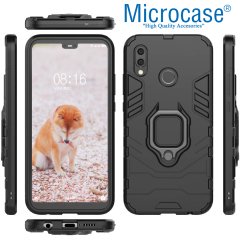 Microcase Huawei P20 Lite Batman Serisi Yüzük Standlı Armor Kılıf - Siyah + Tam Kaplayan Çerçeveli Cam