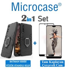 Microcase Huawei P20 Pro Batman Serisi Yüzük Standlı Armor Kılıf - Siyah + Tam Kaplayan Çerçeveli Cam