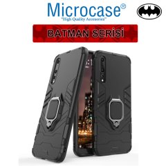 Microcase Huawei P20 Pro Batman Serisi Yüzük Standlı Armor Kılıf - Siyah + Tam Kaplayan Çerçeveli Cam