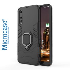 Microcase Huawei P20 Pro Batman Serisi Yüzük Standlı Armor Kılıf - Siyah + Tam Kaplayan Çerçeveli Cam