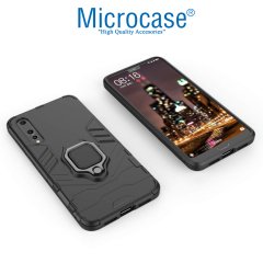 Microcase Huawei P20 Pro Batman Serisi Yüzük Standlı Armor Kılıf - Siyah + Tam Kaplayan Çerçeveli Cam