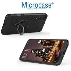 Microcase Huawei P20 Pro Batman Serisi Yüzük Standlı Armor Kılıf - Siyah + Tam Kaplayan Çerçeveli Cam