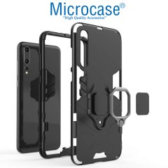 Microcase Huawei P20 Pro Batman Serisi Yüzük Standlı Armor Kılıf - Siyah + Tam Kaplayan Çerçeveli Cam