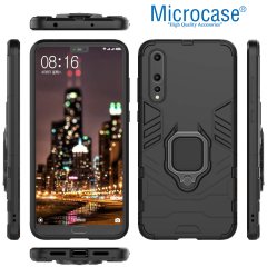 Microcase Huawei P20 Pro Batman Serisi Yüzük Standlı Armor Kılıf - Siyah + Tam Kaplayan Çerçeveli Cam