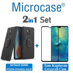 Microcase Huawei Mate 20 X Batman Serisi Yüzük Standlı Armor Kılıf - Siyah + Tam Kaplayan Çerçeveli Cam