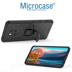 Microcase Huawei Mate 20 X Batman Serisi Yüzük Standlı Armor Kılıf - Siyah + Tam Kaplayan Çerçeveli Cam
