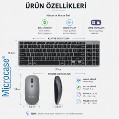 Microcase Bluetooth ve 2.4G Şarj Edilebilir İnce Tasarım Kablosuz Klavye Mouse Seti + Silikon Klavye Koruması AL5724