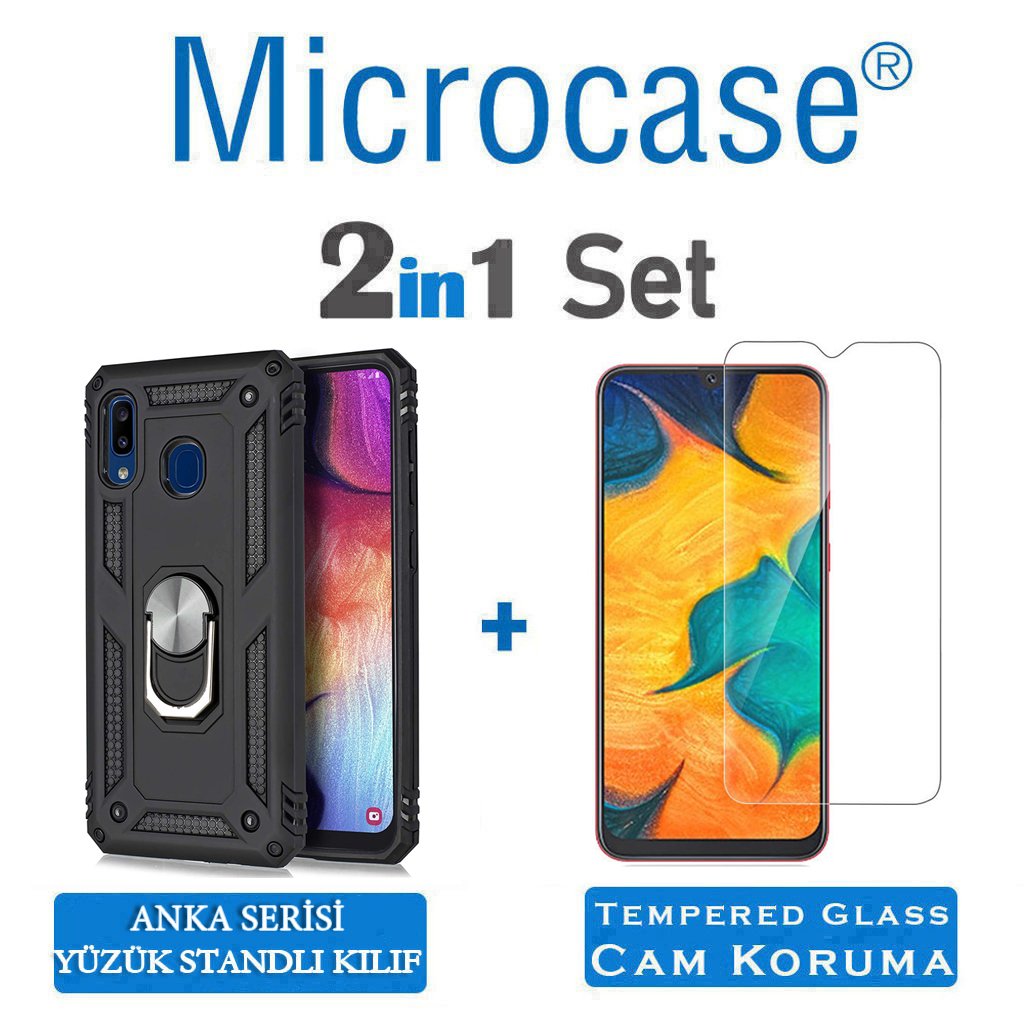 Microcase Samsung Galaxy A30 Anka Serisi Yüzük Standlı Armor Kılıf Siyah + Tempered Glass Cam Koruma (SEÇENEKLİ)