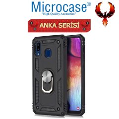 Microcase Samsung Galaxy A30 Anka Serisi Yüzük Standlı Armor Kılıf Siyah + Tempered Glass Cam Koruma (SEÇENEKLİ)
