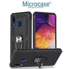 Microcase Samsung Galaxy A30 Anka Serisi Yüzük Standlı Armor Kılıf Siyah + Tempered Glass Cam Koruma (SEÇENEKLİ)