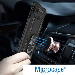 Microcase Samsung Galaxy A30 Anka Serisi Yüzük Standlı Armor Kılıf Siyah + Tempered Glass Cam Koruma (SEÇENEKLİ)