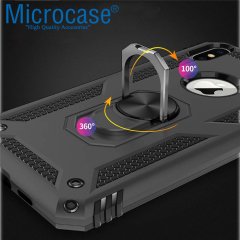 Microcase Samsung Galaxy A30 Anka Serisi Yüzük Standlı Armor Kılıf Siyah + Tempered Glass Cam Koruma (SEÇENEKLİ)