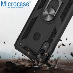Microcase Samsung Galaxy A30 Anka Serisi Yüzük Standlı Armor Kılıf Siyah + Tempered Glass Cam Koruma (SEÇENEKLİ)