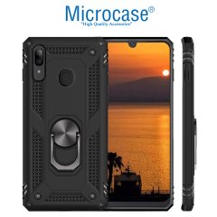 Microcase Samsung Galaxy A30 Anka Serisi Yüzük Standlı Armor Kılıf Siyah + Tempered Glass Cam Koruma (SEÇENEKLİ)