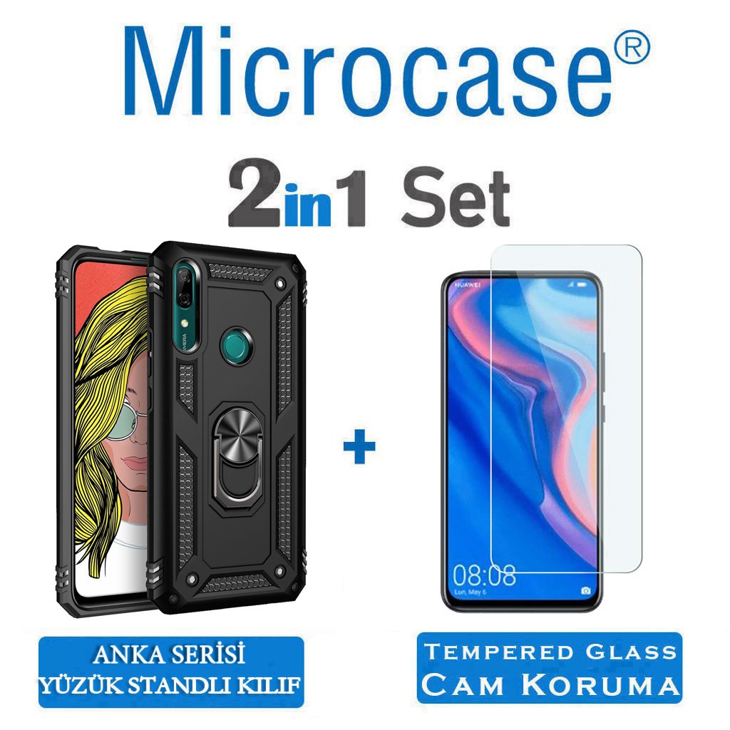 Microcase Samsung Galaxy A30 Anka Serisi Yüzük Standlı Armor Kılıf Siyah + Tempered Glass Cam Koruma (SEÇENEKLİ) Tempered Glass İstemiyorum