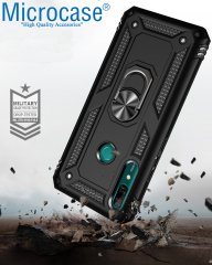Microcase Samsung Galaxy A30 Anka Serisi Yüzük Standlı Armor Kılıf Siyah + Tempered Glass Cam Koruma (SEÇENEKLİ) Tempered Glass İstemiyorum
