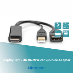 Microcase 4K Ultra HD HDMI to DisplayPort Dönüştürücü Adaptör - PC Laptop DVD ve TV Monitör Uyumlu Siyah Kablo - AL5760