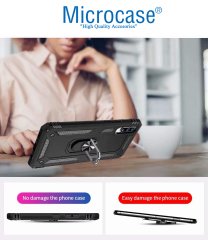 Microcase Samsung Galaxy A70 Anka Serisi Yüzük Standlı Armor Kılıf Siyah + Tempered Glass Cam Koruma (SEÇENEKLİ)