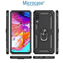 Microcase Samsung Galaxy A70 Anka Serisi Yüzük Standlı Armor Kılıf Siyah + Tempered Glass Cam Koruma (SEÇENEKLİ)
