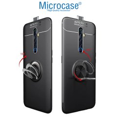 Microcase Oppo Reno 2Z Focus Serisi Yüzük Standlı Silikon Kılıf - Siyah + Tempered Glass Cam Koruma