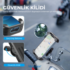 Micorcase HL-152D Motosiklet Scooter Telefon Tutucu - Titreşim ve Darbe Korumalı Dikiz Ayna Bağlantılı Güvenlik Kilitli Kurye Telefon Standı - AL5742