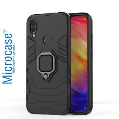 Microcase Xiaomi Redmi Note 7 Pro Batman Serisi Yüzük Standlı Armor Kılıf - Siyah + Tam Kaplayan Çerçeveli Cam