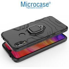 Microcase Xiaomi Redmi Note 7 Pro Batman Serisi Yüzük Standlı Armor Kılıf - Siyah + Tam Kaplayan Çerçeveli Cam