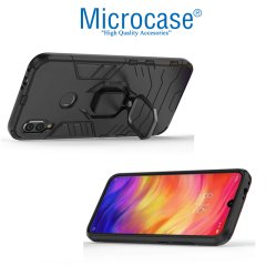 Microcase Xiaomi Redmi Note 7 Pro Batman Serisi Yüzük Standlı Armor Kılıf - Siyah + Tam Kaplayan Çerçeveli Cam