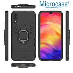 Microcase Xiaomi Redmi Note 7 Pro Batman Serisi Yüzük Standlı Armor Kılıf - Siyah + Tam Kaplayan Çerçeveli Cam