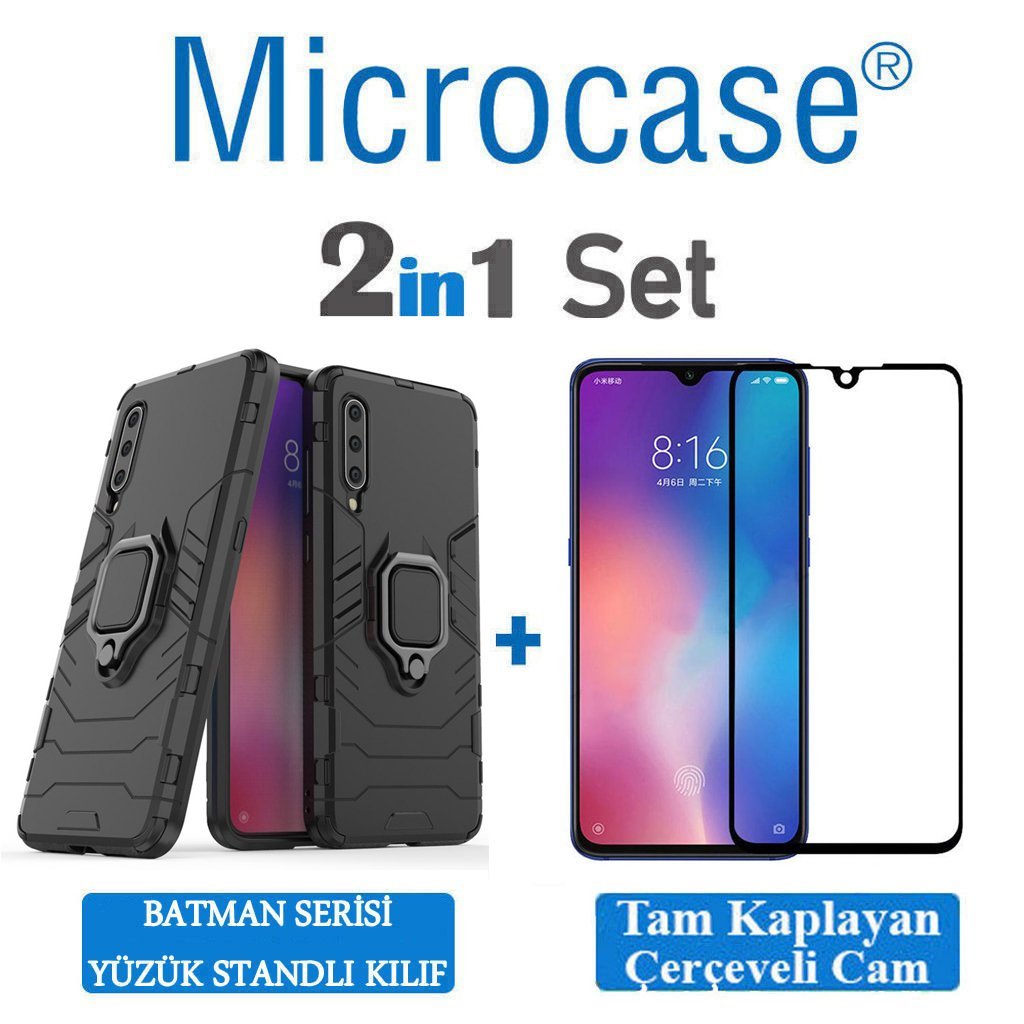 Microcase Xiaomi Mi 9 Explorer Batman Serisi Yüzük Standlı Armor Kılıf - Siyah + Tam Kaplayan Çerçeveli Cam