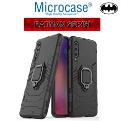 Microcase Xiaomi Mi 9 Explorer Batman Serisi Yüzük Standlı Armor Kılıf - Siyah + Tam Kaplayan Çerçeveli Cam