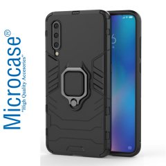 Microcase Xiaomi Mi 9 Explorer Batman Serisi Yüzük Standlı Armor Kılıf - Siyah + Tam Kaplayan Çerçeveli Cam