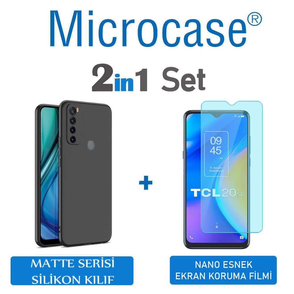 Microcase TCL 20 SE Matte Serisi Kamera Korumalı Silikon TPU Kılıf - Siyah + Nano Esnek Ekran Filmi